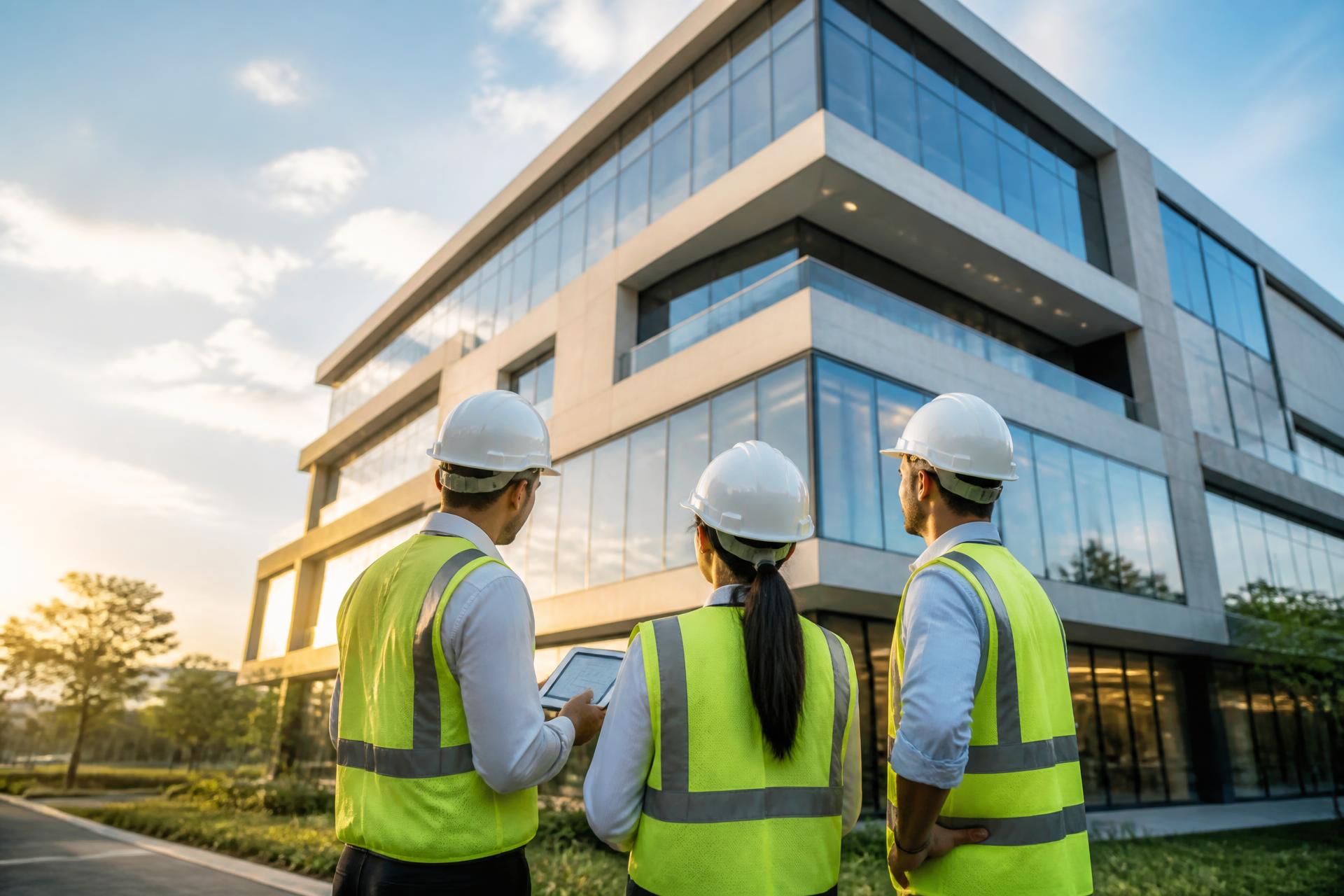 Trois ingénieurs GES devant un bâtiment commercial